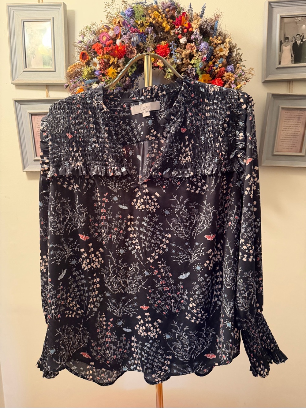 LOFT Black Floral & Butterfly Smocked-Yoke Blouse